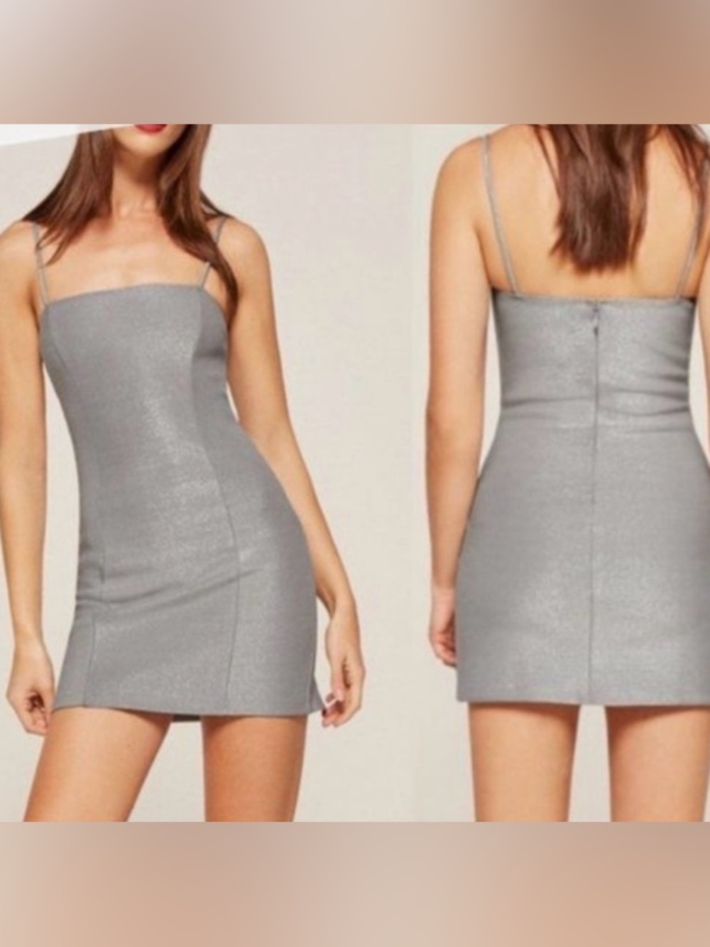 Reformation Silver Metallic Square-Neck Mini Dress
